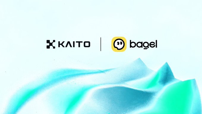 A clean white promotional graphic shows the logos “KAITO” and “bagel” above flowing turquoise and mint fabric-like waves.