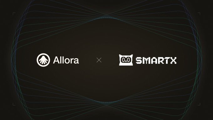 The image displays logos for "Allora" and "SMARTX" (with "0.0" visible in a small icon) against a dark background with green geometric line patterns, separated by an "×" symbol indicating a partnership. This visually represents the collaboration between Allora's decentralized AI prediction network and SmartX's trading terminal, highlighting how Allora's consensus-based forecasts are now integrated into SmartX's crypto and macro analysis to surface divergence signals.