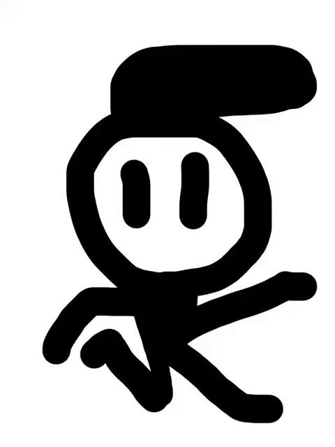 The image features a black and white drawing of a person running, which appears to be a character from a cartoon or comic book. The character has a hat on their head and is depicted as being in motion with arms outstretched. The background of the image is plain white, allowing the focus to remain on the character and its actions.