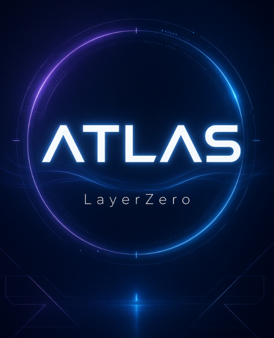 A digital logo graphic for 'ATLAS LayerZero' featuring glowing blue and purple circular designs on a dark background.