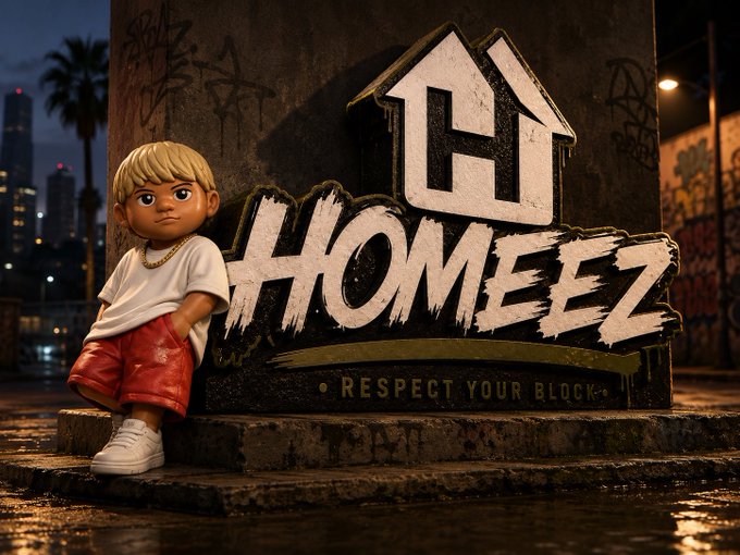 A stylized cartoon figure in streetwear leans against a graffiti-covered wall featuring the "HOMEEZ - RESPECT YOUR BLOCK" logo, branding the post's mention of Homeez, the XRP NFT project. The urban nighttime setting visually reinforces the post's message about building a new community for XRP NFTs on the Homeez platform.