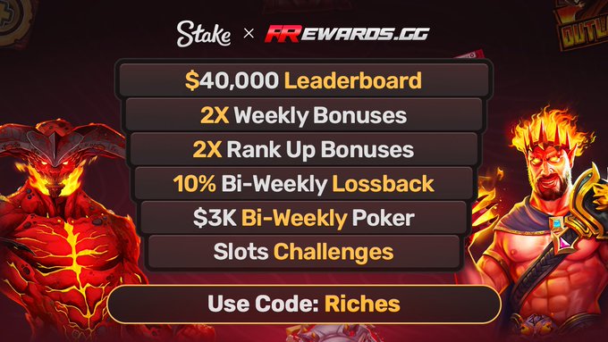Promotional banner for Stake x RREWARDS.GG featuring fiery demon and warrior graphics, listing rewards for code "Riches" including a $40,000 Leaderboard, 2X Weekly and Rank Up Bonuses, 10% Bi-Weekly Lossback, $3K Bi-Weekly Poker, and Slots Challenges.