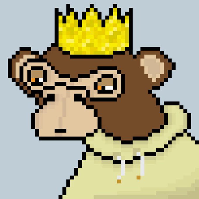 A pixel art illustration shows a brown ape-like character wearing a golden crown and a yellow hoodie with drawstrings, set against a light blue background. The crowned ape, a common symbol for the Bored Ape Yacht Club NFT collection and the $PARC token, visually represents the bullish sentiment toward the cryptocurrency mentioned in the post.
