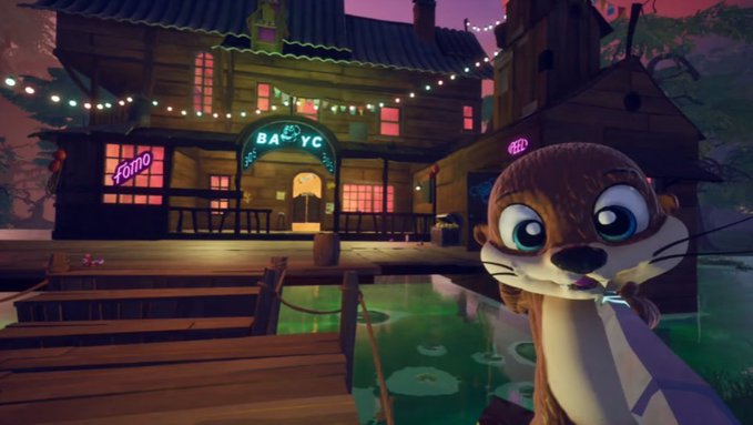 An otter with large blue eyes stands in front of a wooden dock bar named 'BAR 'YC' with neon 'Fomo' signs and lily pads floating in the green water below.