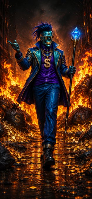 The image features a man dressed in blue clothing with a gold chain, walking down a path that leads towards a burning building. The fire appears to be consuming everything in its path, including a large pile of money nearby. The caption reads "Happy Friday Legends TGIF Are you feeling the energy or should we send some help? Mint value now, and gain later. End the week in style. $STKR X @RRMemeMilitia".