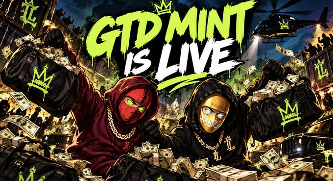 Bold graphic reading "GTD MINT IS LIVE" above two masked, hoodie-clad figures gripping overflowing bags of cash, surrounded by flying bills, helicopters, and a crowd—all stamped with a crown "M" logo, visualizing the excitement and guaranteed value of the Mint launch.