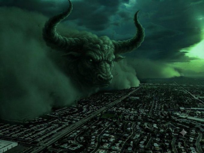 A digital artwork depicting a giant demonic bull head made of dark storm clouds looming menacingly over a city, with a green-tinted sky.