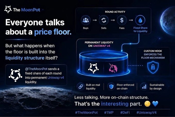 A promotional graphic for 'The MoonPot' describing its price floor mechanism, with text reading 'Everyone talks about a price floor. But what happens when the floor is built into the liquidity structure itself?' and hashtags #TheMoonPot #TMP #DeFi #UniswapV4.
