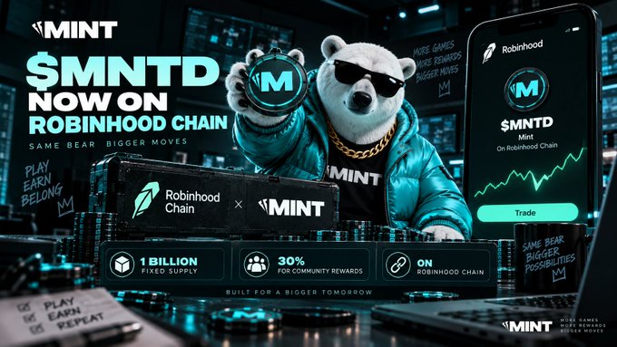 The image is a promotional graphic featuring an anthropomorphic bear wearing sunglasses and a teal "MINT" hoodie holding up a coin with the "M" logo, alongside text announcing "$MNTD NOW ON ROBINHOOD CHAIN" with the tagline "SAME BEAR BIGGER MOVES." It highlights key tokenomics—a "1 BILLION FIXED SUPPLY," "30% FOR COMMUNITY REWARDS," and confirmation that the token is "ON ROBINHOOD CHAIN"—directly visualizing the post's emphasis on the 30% community allocation figure as the standout detail beyond the listing news.