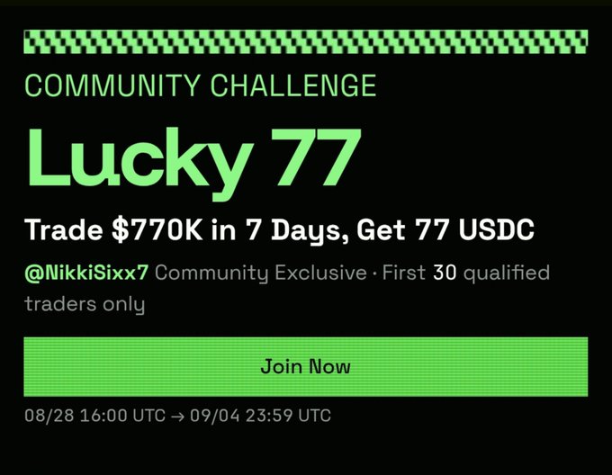A community challenge banner for "Lucky 77" on TxFlow_L1 Perp DEX, offering 77 USDC to the first 30 traders who hit $770K in perpetual trading volume within 7 days (08/28-09/04 UTC), exclusively for @NikkiSiixx7 community members.