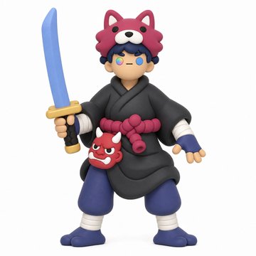 A 3D-rendered figurine of a ninja character wearing a bear-themed hat with a red mask, holding a blue katana, with a red oni-style mask attached to the belt.