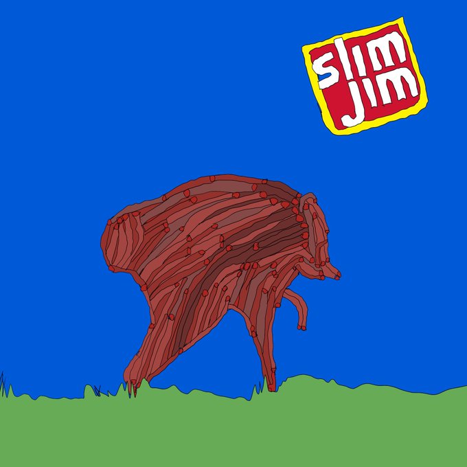 A drawing of a bipedal meat creature standing on green grass against a blue sky, with the 'Slim Jim' logo in the upper right corner.