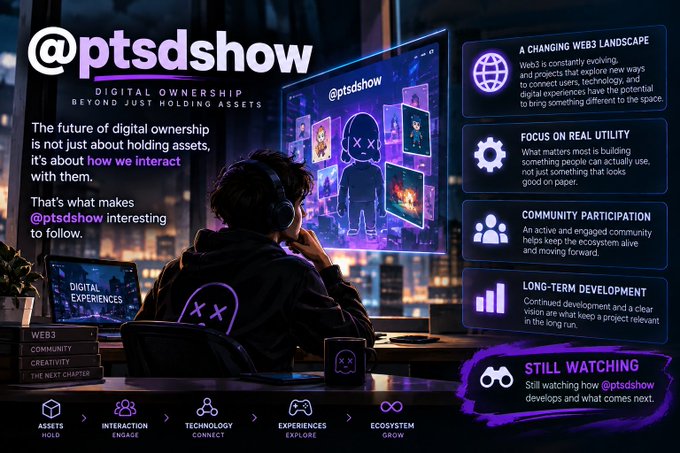 A promotional graphic for '@ptsdshow' highlights digital ownership themes, featuring a person wearing headphones at a computer with screens displaying NFT-style artwork.