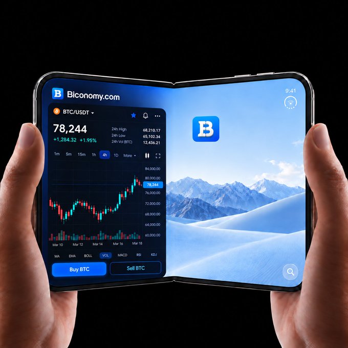 A pair of hands holds a foldable smartphone showing the Biconomy.com trading interface with BTC/USDT price data, a candlestick chart, and Buy/Sell BTC buttons alongside a scenic wallpaper.