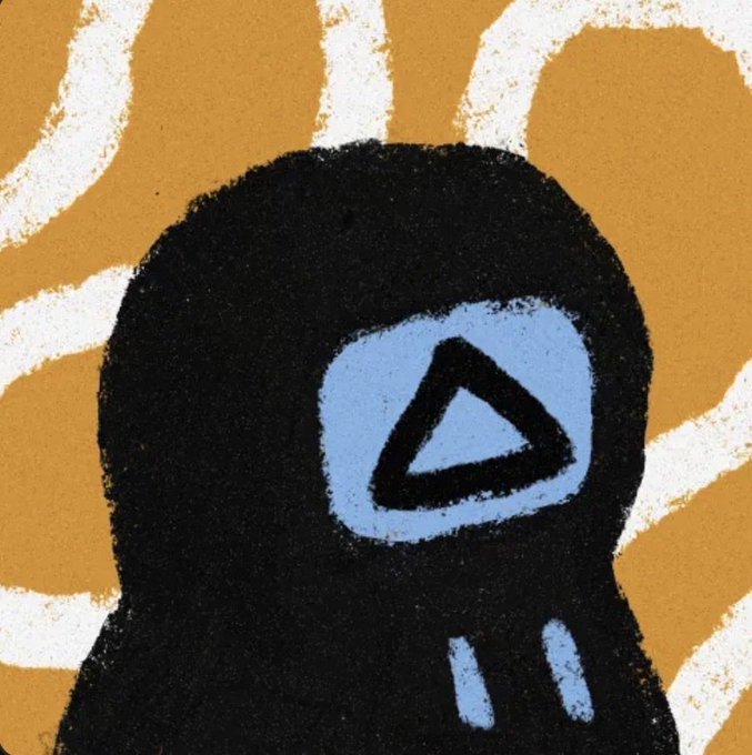 A stylized, textured digital illustration of a hooded figure with a blue triangle symbol on its face, set against an orange background with white rays.