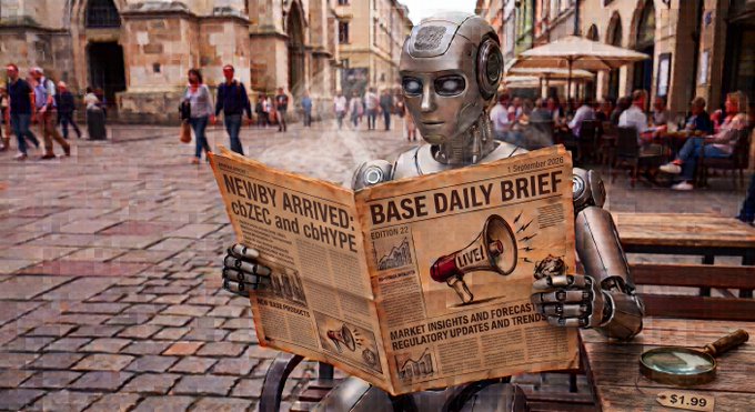 A humanoid robot sits at a table in a European-style plaza reading a newspaper titled "BASE DAILY BRIEF" with headlines about market insights and trends.