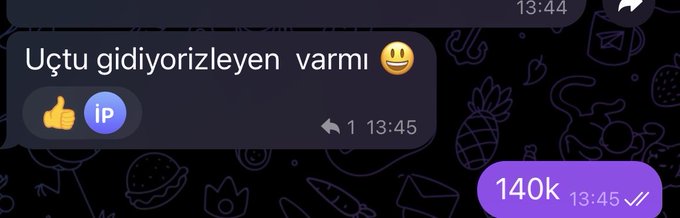 A Telegram message in Turkish reading 'Uçtu gidiyorlzleyen varmı 😊' (It's flying, is anyone watching?) with a thumbs up and 'ip' reaction, timestamped 13:44.