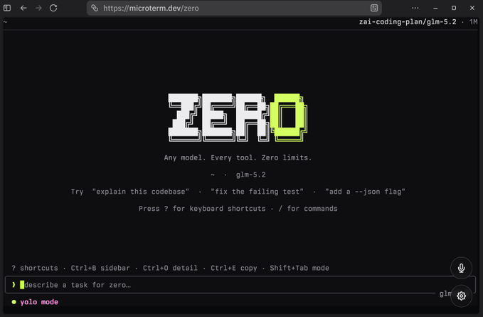 A screenshot of a web interface at 'microterm.dev/zero' showing 'IER0' as a terminal-style application with the tagline 'Any model. Every tool. Zero limits.' and a task input field at the bottom.