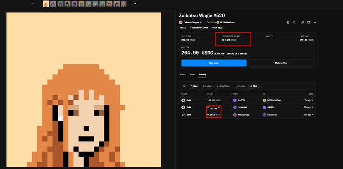 A pixel art character displayed alongside a cryptocurrency trading interface showing 'Zalbatsu Wagle #520' NFT with a floor price of 264.90 USDG and activity listings including 'GATE', 'Mint', 'Binable', and 'USE'.