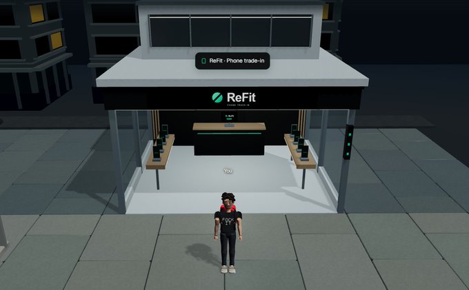 A virtual scene shows a character standing in front of a 'ReFit - Phone trade-in' kiosk at night in a low-poly style digital environment.