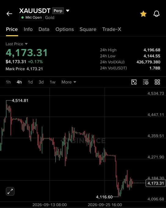 A Binance trading chart for XAUUSDT Perpetual futures shows gold (XAU) last trading at $4,173.31, up 0.17%, with a 24-hour high of $4,196.68 and low of $4,144.55, following a sharp decline from around $4,514 to a recent low of $4,116.60. This technical setup supports the trader's view of waiting for a rebound toward the $4,340–$4,400 resistance zone before shorting gold in anticipation of a potential drop toward $3,700.
