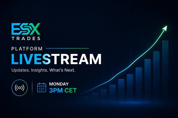 A promotional graphic for "ESX TRADES PLATFORM LIVESTREAM" featuring the tagline "Updates. Insights. What's Next." scheduled for "MONDAY 3PM CET" against a dark blue background with rising bar charts and an upward arrow.