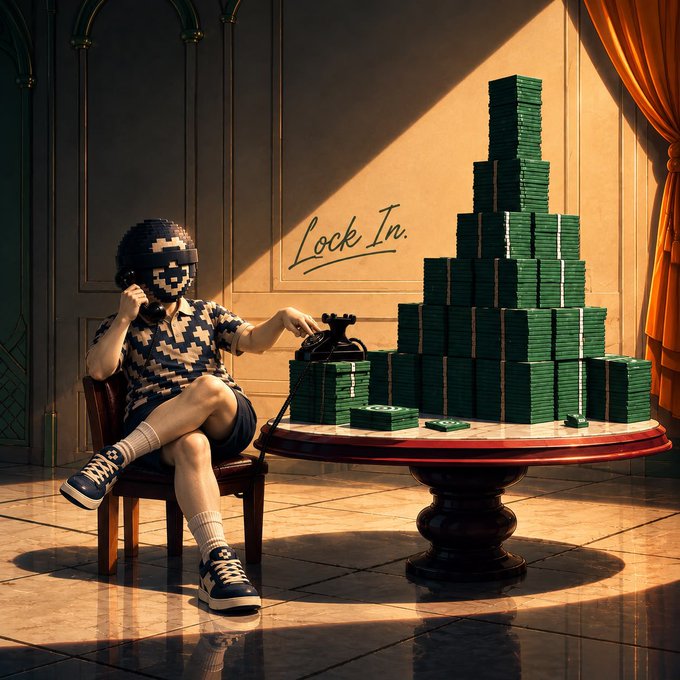 Stylized digital artwork showing a person in pixelated mask and clothing sitting at a table with a vintage telephone next to a large pyramid of stacked green cash, with 'Lock In.' written on the wall.