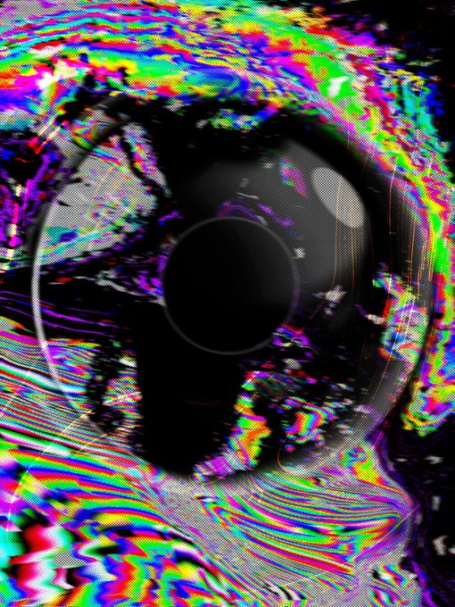 Abstract psychedelic image showing a distorted black hole-like center surrounded by glitchy, colorful RGB static patterns.
