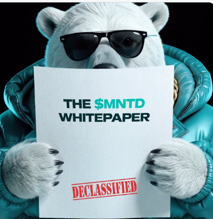 A polar bear wearing sunglasses and a blue puffer jacket holding a document titled 'THE $MNTD WHITEPAPER' stamped with a red 'DECLASSIFIED' mark, promoting a cryptocurrency token.