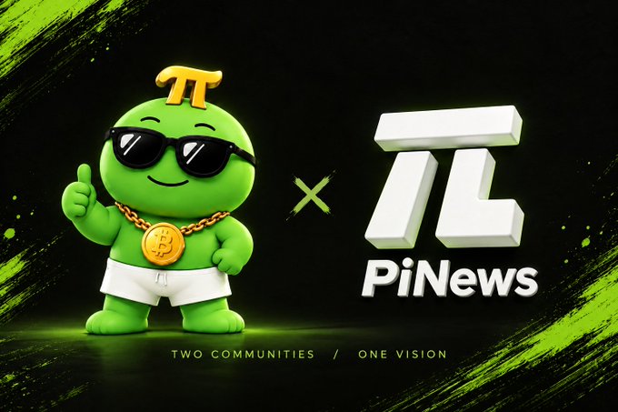 A promotional graphic featuring a green cartoon mascot wearing sunglasses and a Bitcoin medallion, alongside the text 'π PiNews' and 'TWO COMMUNITIES / ONE VISION'.