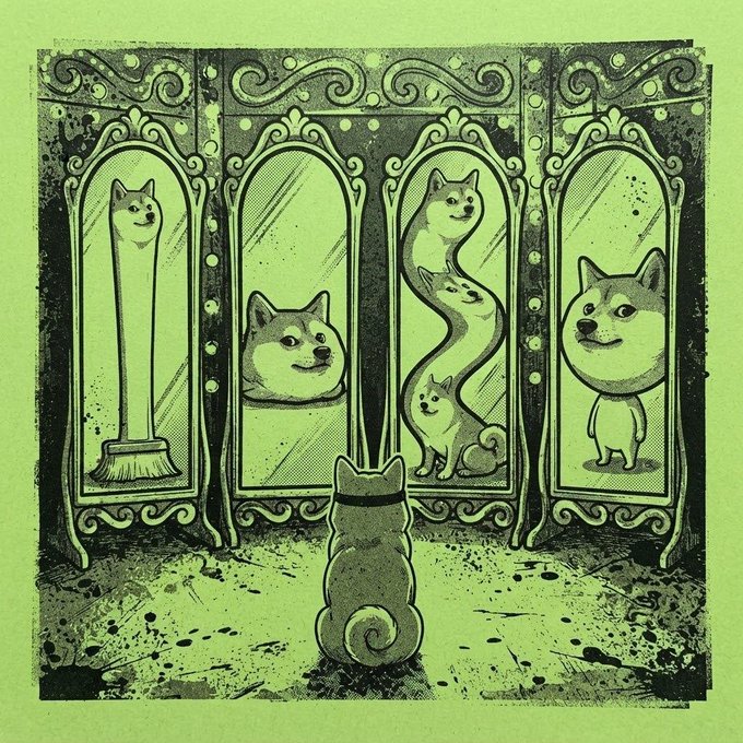A stylized illustration of a Shiba Inu dog sitting on the floor looking at four ornate mirrors that reflect different versions of itself, including one shaped like a broom.