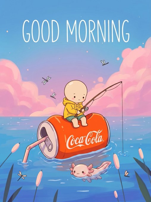 Cute illustrated 'Good Morning' graphic showing a small character in a yellow hoodie fishing from a giant Coca-Cola can floating on water, with a pink axolotl nearby.
