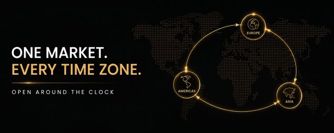 A black promotional graphic displays the text 'ONE MARKET. EVERY TIME ZONE. OPEN AROUND THE CLOCK' alongside a dotted world map connecting Europe, the Americas, and Asia with gold arrows.