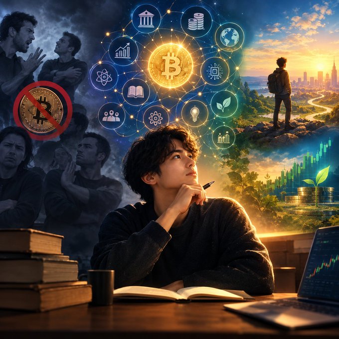 A young man gazes thoughtfully upward while studying, surrounded by a glowing Bitcoin emblem and icons representing currency, finance, technology, and economics—symbolizing how learning about Bitcoin opens the door to questioning and relearning fundamental aspects of the world. On either side, scenes contrast rejection and confusion (left) with growth, financial opportunity, and a hopeful horizon (right), visually capturing the message that engaging with Bitcoin's ideas reshapes one's understanding of money and society.