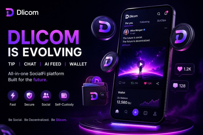 The image features a cell phone with a purple background, displaying an advertisement for DLICOM that promotes social media platforms and decentralized finance. The text on the screen reads "DLICOM is evolving @DlicomApp TIP | CHAT | AI FEED | WALLET All-in-one SocialFi platform built for the future. The future is social. The future is decentralized. Be Social. Be Decentralized. #Dlicom".