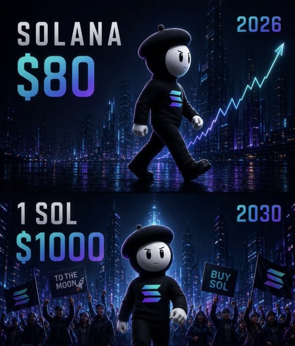 A two-panel promotional graphic featuring the Solana mascot; the top panel shows 'SOLANA $80' for 2026, and the bottom shows '1 SOL $1000' for 2030 with a crowd holding 'TO THE MOON' and 'BUY SOL' signs.