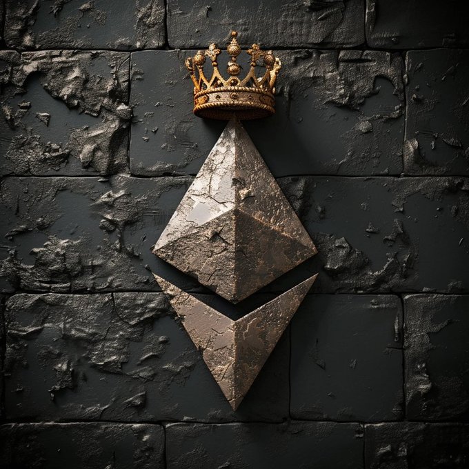 A golden crown sits atop a weathered, metallic Ethereum logo mounted on a distressed black stone wall. The image evokes the contrast between the "crown" of liquid markets the trader first experienced and the cracked, fragmented reality of low-liquidity crypto environments where shorting is futile.