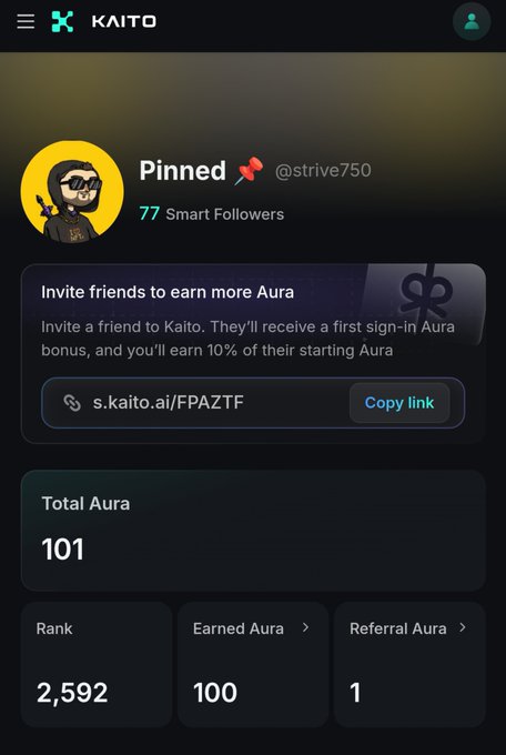 A mobile app screenshot displays a KAITO profile for '@strive750' with a pinned post, an invite link 's.kaito.ai/FPAZTF', and stats showing a Total Aura of 101 and Rank of 2,592.