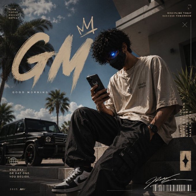 Stylized poster of a curly-haired man looking at his phone with glowing blue eyes, wearing a 'Chaos Order' shirt, with 'GM Good Morning' text, a Mercedes G-Wagon, and motivational phrases like 'Plan, Focus, Execute, Repeat' and 'Discipline Today Success Tomorrow'.