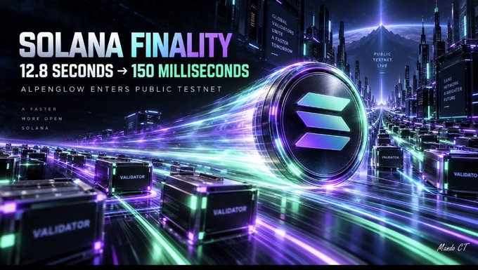 The image is a futuristic promotional graphic announcing the Solana "Alpenglow" upgrade's entry into public testnet, prominently displaying the key performance metric: finality reduced from "12.8 SECONDS → 150 MILLISECONDS," with a glowing Solana logo and labeled "VALIDATOR" boxes illustrating the network infrastructure enabling this ~85× speed improvement highlighted in the post.