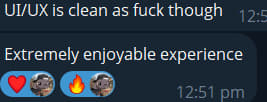 A screenshot of a chat message reading 'UI/UX is clean as fuck though' and 'Extremely enjoyable experience' with fire and red heart emojis.