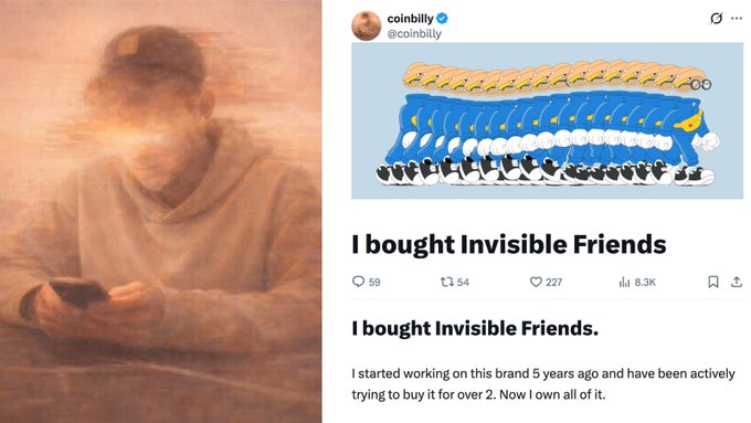 A split image shows a person looking at a phone on the left and a Coinbilly tweet featuring an “Invisible Friends” character lineup on the right. The tweet reads, “I bought Invisible Friends,” noting that the creator worked on the brand for 5 years and tried to buy it for over 2; engagement shown includes 59 replies, 54 reposts, 227 likes, and 8.3K views.