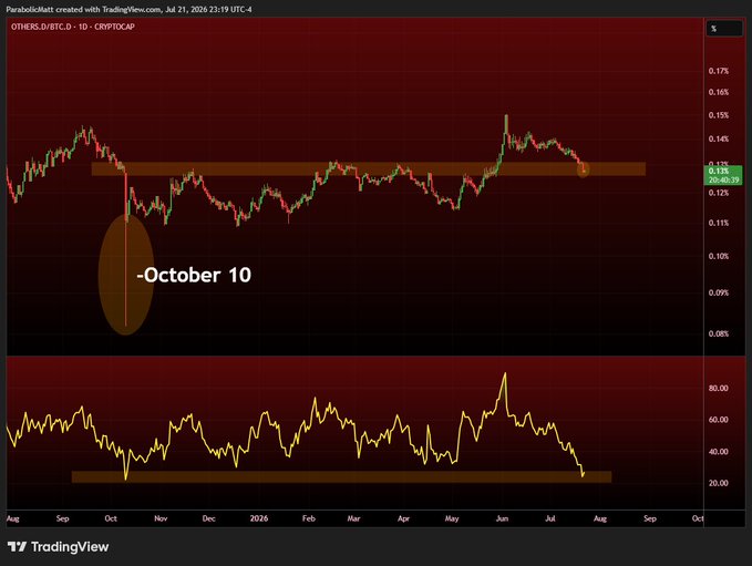 A TradingView daily chart of OTHERS.D/USTC.D (Altcoin Dominance) shows price back-testing a key horizontal support level near 0.12% while RSI drops to ~28, its lowest daily close since October 10, 2025, as highlighted on the chart.