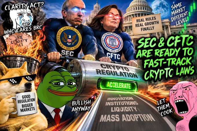 A vibrant, meme-style graphic depicting SEC and CFTC officials riding a 'Crypto Regulation' rocket, featuring characters like a Shiba Inu, a Pepe frog, and a 'Let Them Cook' Wojak, with text declaring 'SEC & CFTC ARE READY TO FAST-TRACK CRYPTO LAWS' and 'CLARITY ACT'.