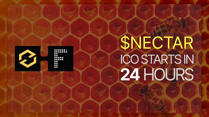 A promotional banner over a honeycomb background announces that the $NECTAR ICO starts in 24 hours, featuring CTP and T logos.
