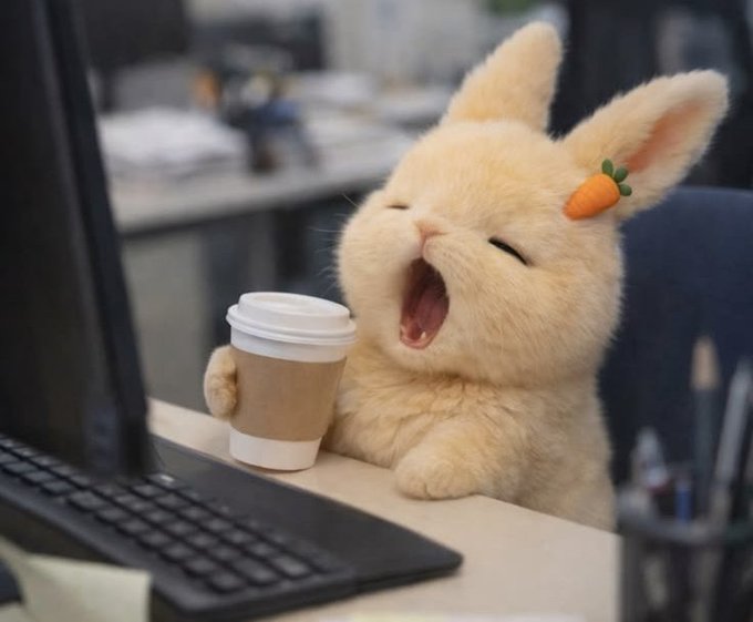 A fluffy rabbit yawns widely while sitting at a desk next to a keyboard, holding a coffee cup, with a small carrot graphic near its ear.