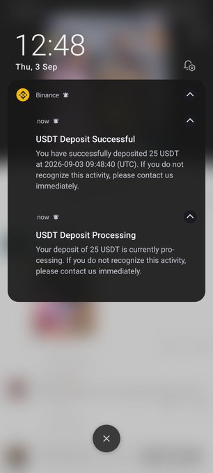 A mobile phone screenshot showing the time 12:48 on Thursday, September 3rd, with two notifications from Binance about a successful USDT deposit of 25 and another deposit processing.