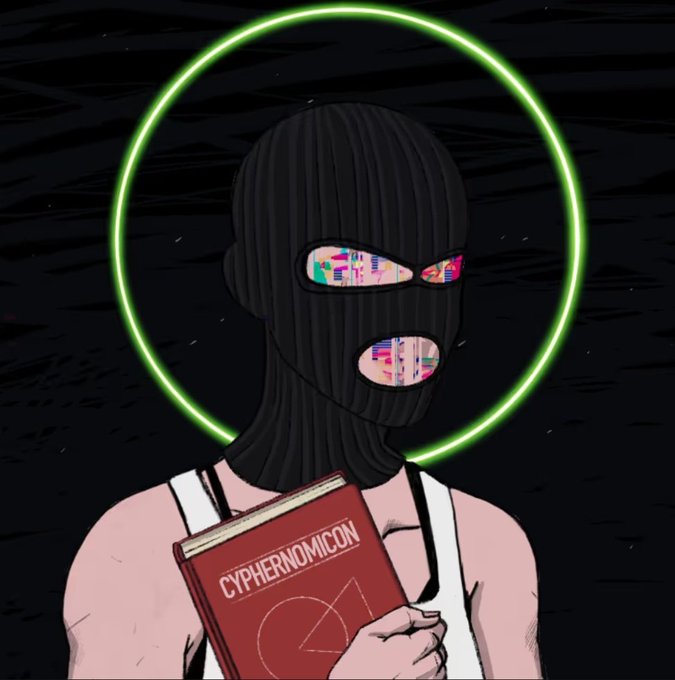 A stylized illustration of a person wearing a black ski mask and glitch-effect sunglasses, surrounded by a glowing green ring, holding a red book labeled 'CYPHERNOMICON'.