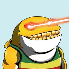 A cartoon fish character with a wide, toothy grin fires red laser beams from its glowing red eyes, wearing a green and red striped tank top.