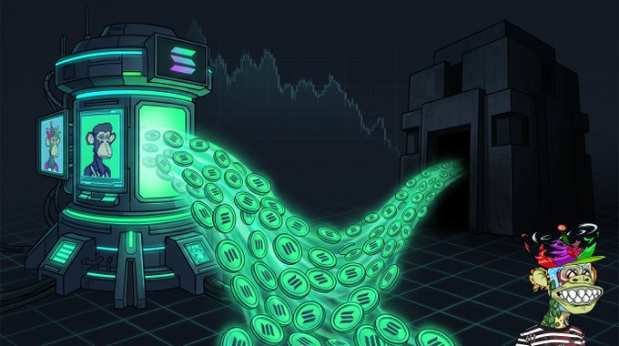 A glowing crypto machine emitting Solana ($SOL) coins flows toward a dark monolith, while a Muncher parrot mascot watches, visually representing Pump.fun's massive $SOL sell-off to Kraken totaling over 4.73 million SOL (~$800M) in platform revenue cash-outs.